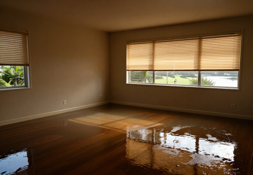 Water-damaged Woolwich living room before drying